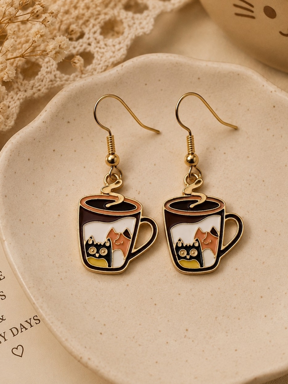 Cute Cat Coffee Mug Enamel Dangle Earrings New